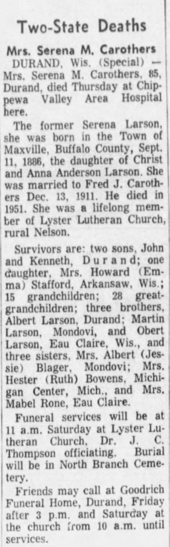 Obituary for Serena M. Carothers (Aged 85)